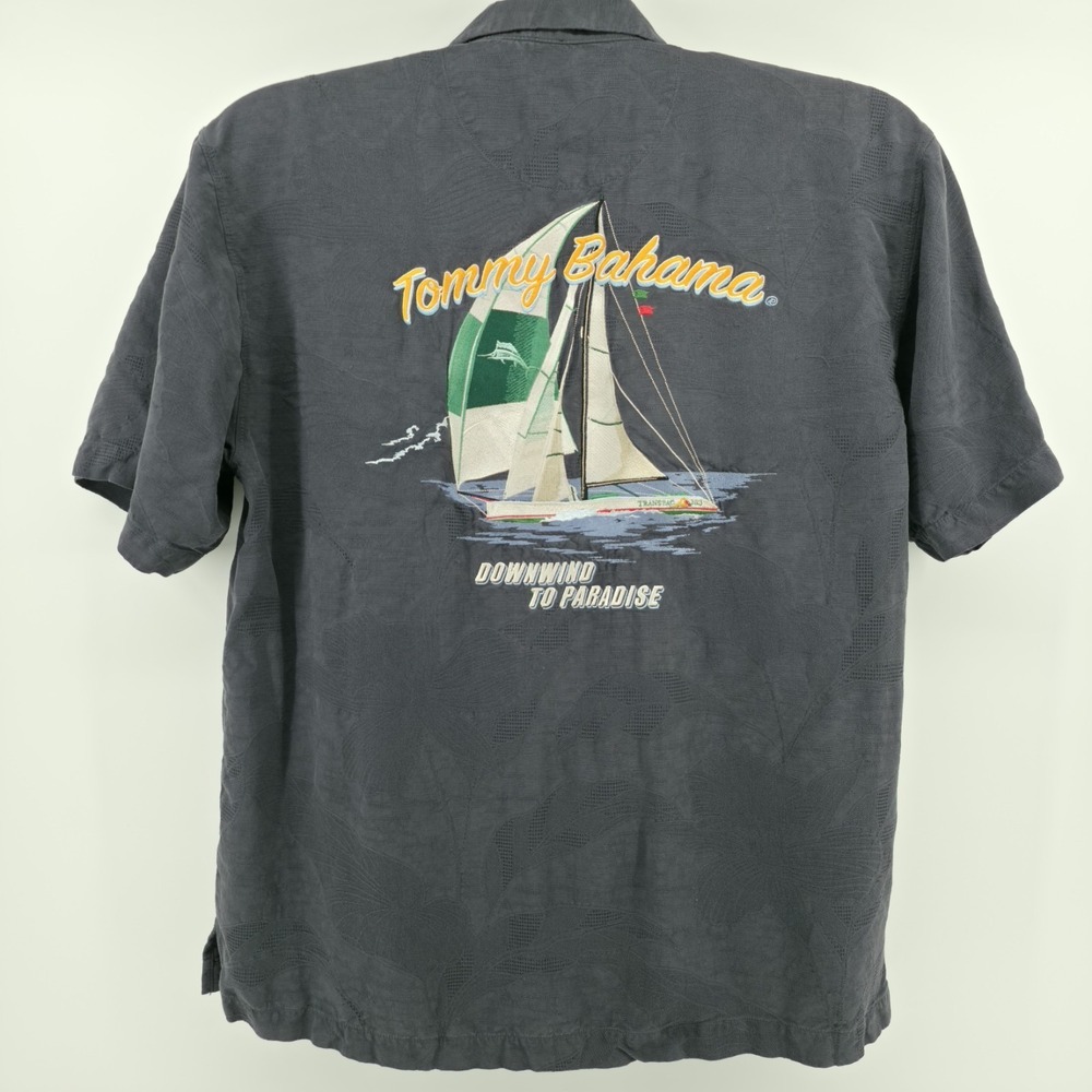 Tommy Bahama Shirt Mens Large Silk Sailboat ' Downwind To Paradise ' Black